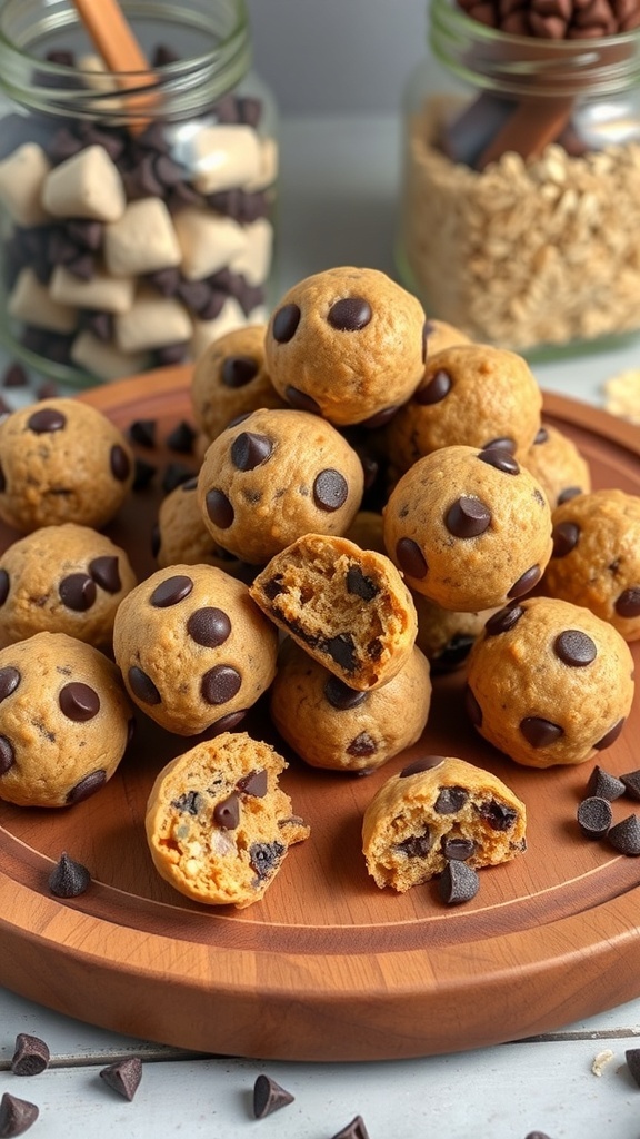 A platter of chocolate chip energy bites surrounded by jars of ingredients.