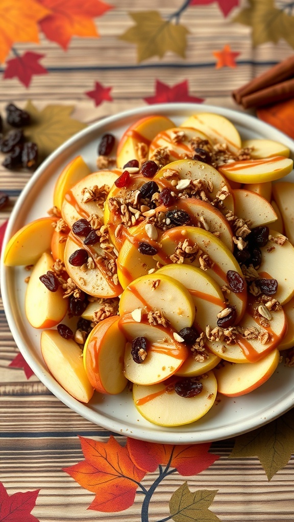 A plate of cinnamon apple nachos topped with caramel, granola, and dried fruit, set against a fall-themed background.