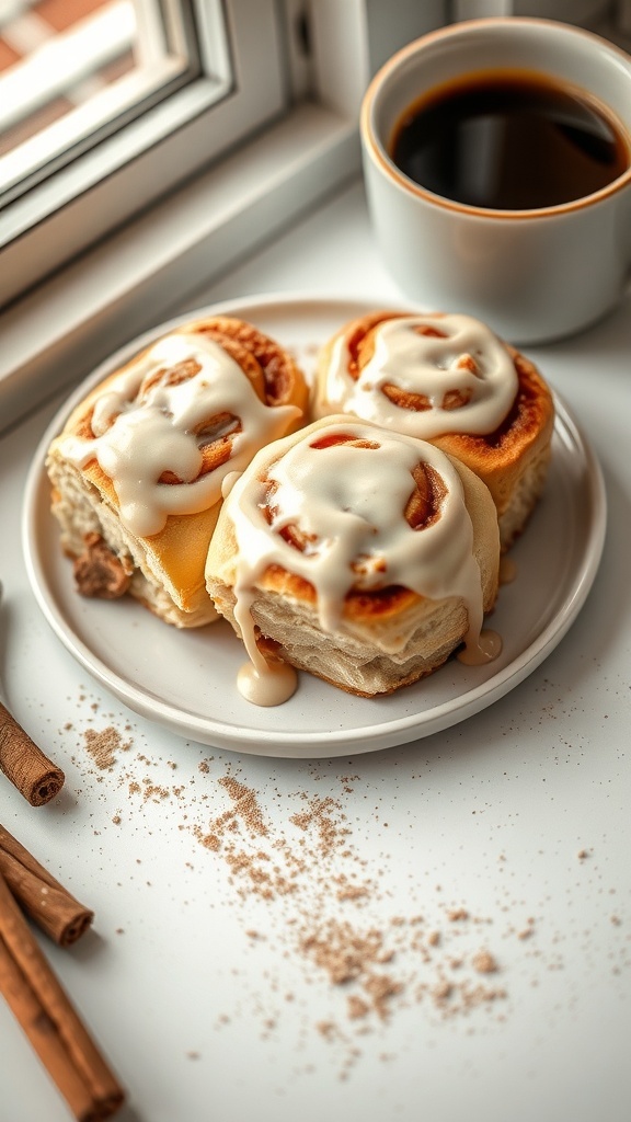 A plate of cinnamon rolls with icing, next to a cup of coffee and cinnamon sticks.