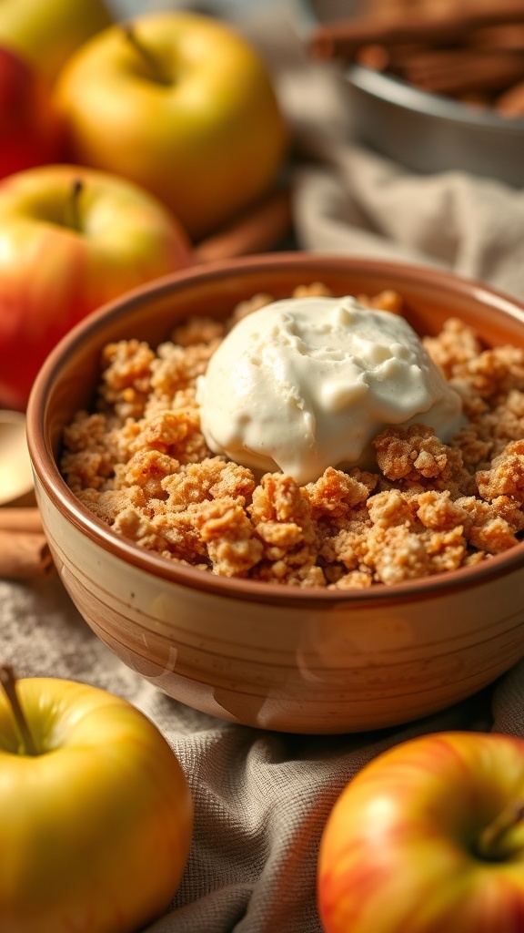 A bowl of healthy apple crisp topped with cream, surrounded by fresh apples and cinnamon sticks.