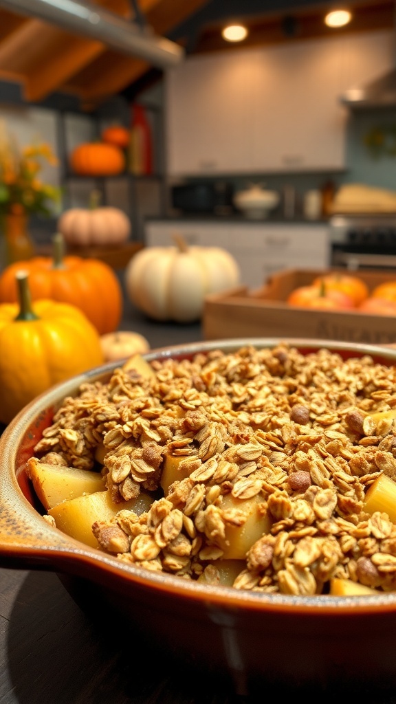 A warm apple crisp topped with oats, surrounded by pumpkins in a cozy kitchen setting.