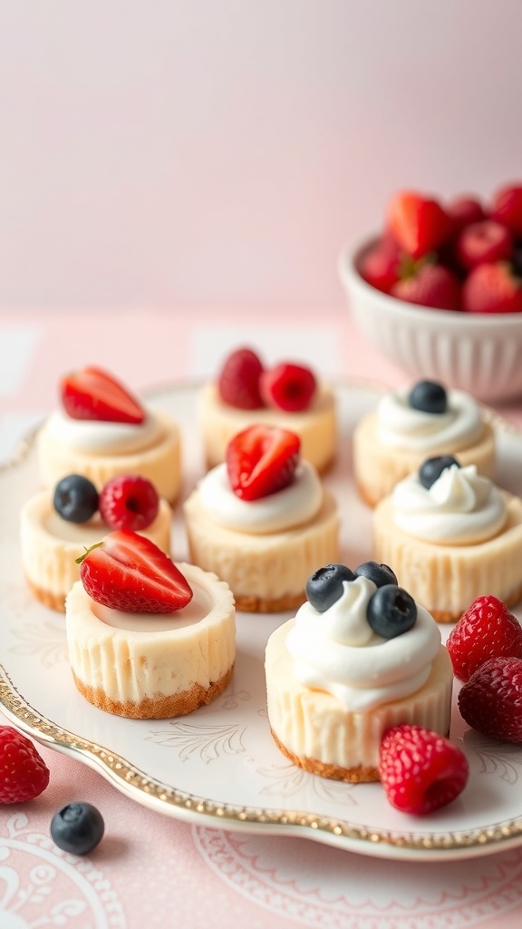 A platter of keto cheesecake bites topped with strawberries and blueberries.