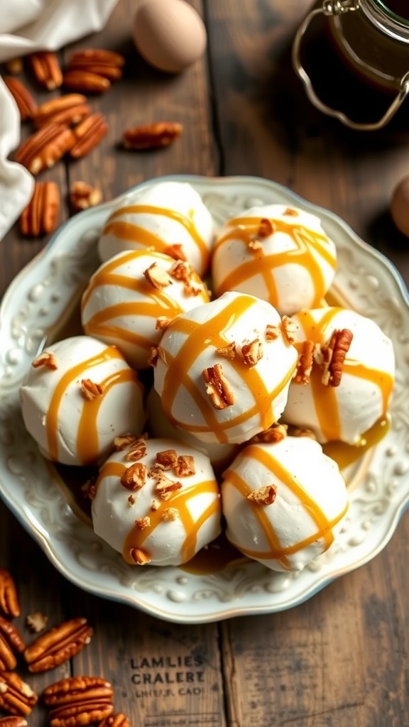 A plate of Maple Pecan Fat Bombs drizzled with syrup and topped with pecans.
