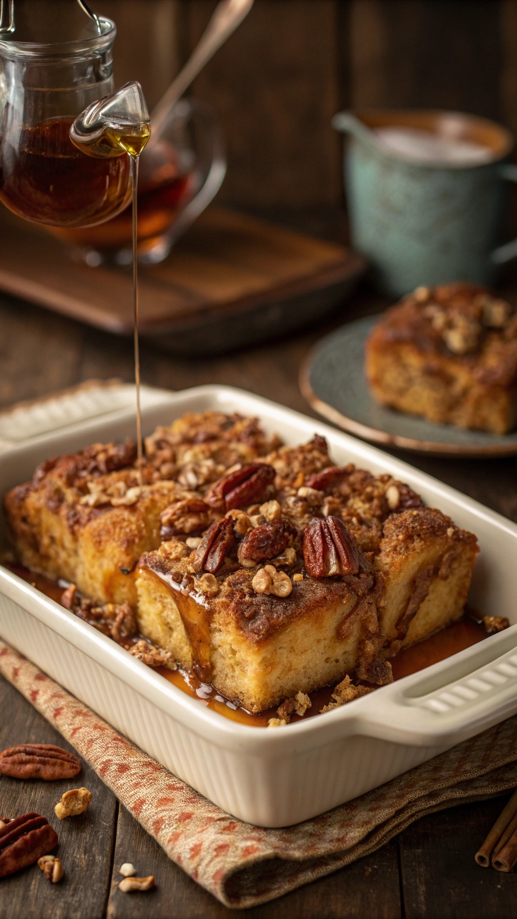 Maple Pecan French Toast Casserole with syrup being poured over it