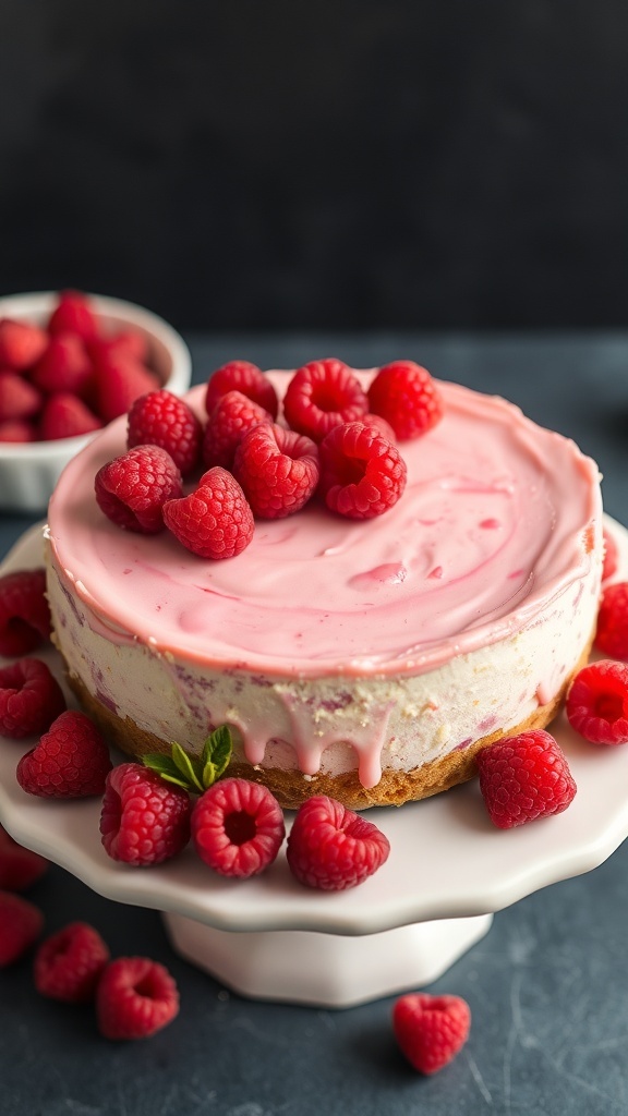 No-bake raspberry cheesecake topped with fresh raspberries on a white cake stand.