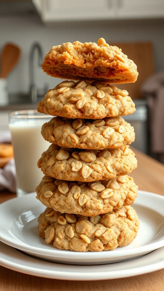 A stack of peanut butter oatmeal cookies on a plate with a glass of milk in the background.
