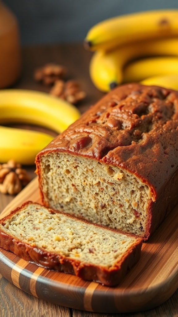 A loaf of caramelized banana bread sliced on a wooden board with bananas in the background.