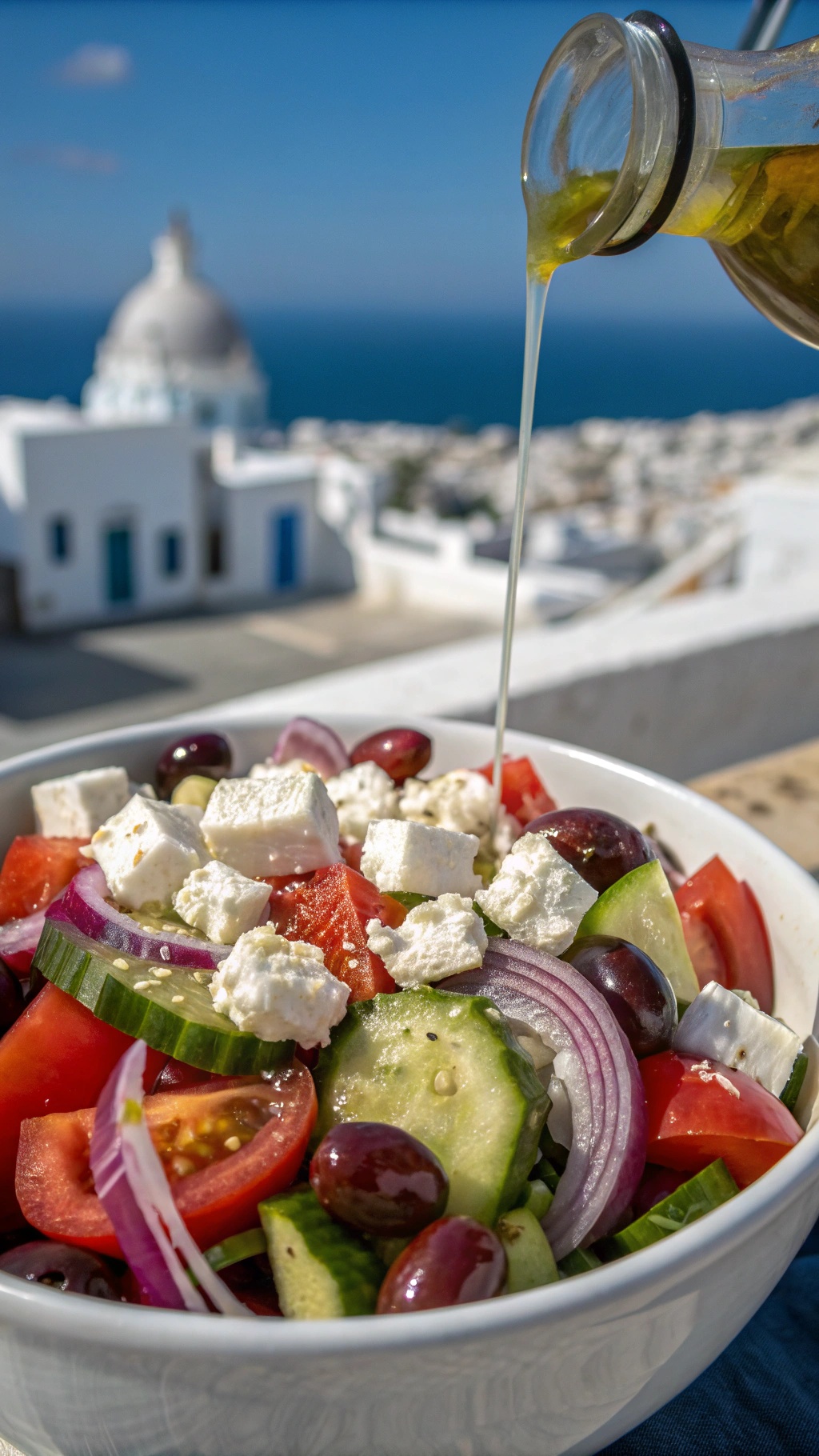 A vibrant Greek salad with feta cheese, olives, and fresh vegetables, drizzled with olive oil.