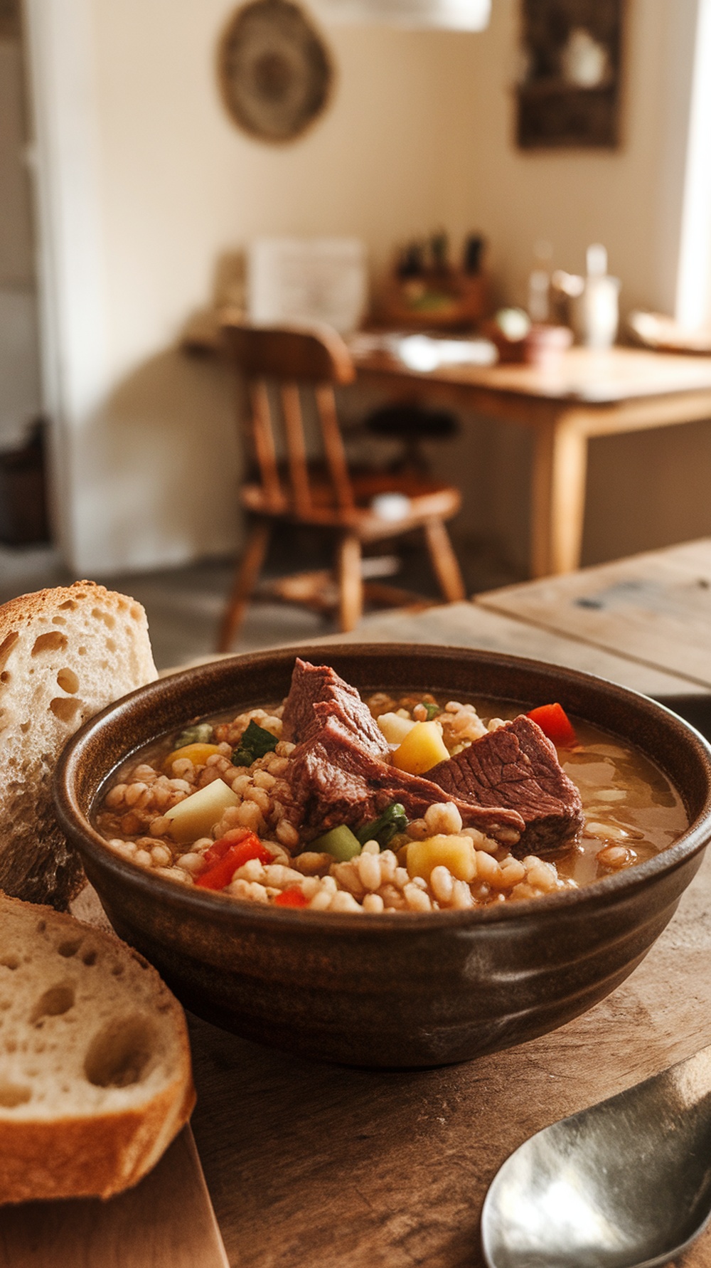 A bowl of beef barley soup with vegetables and bread on the side.