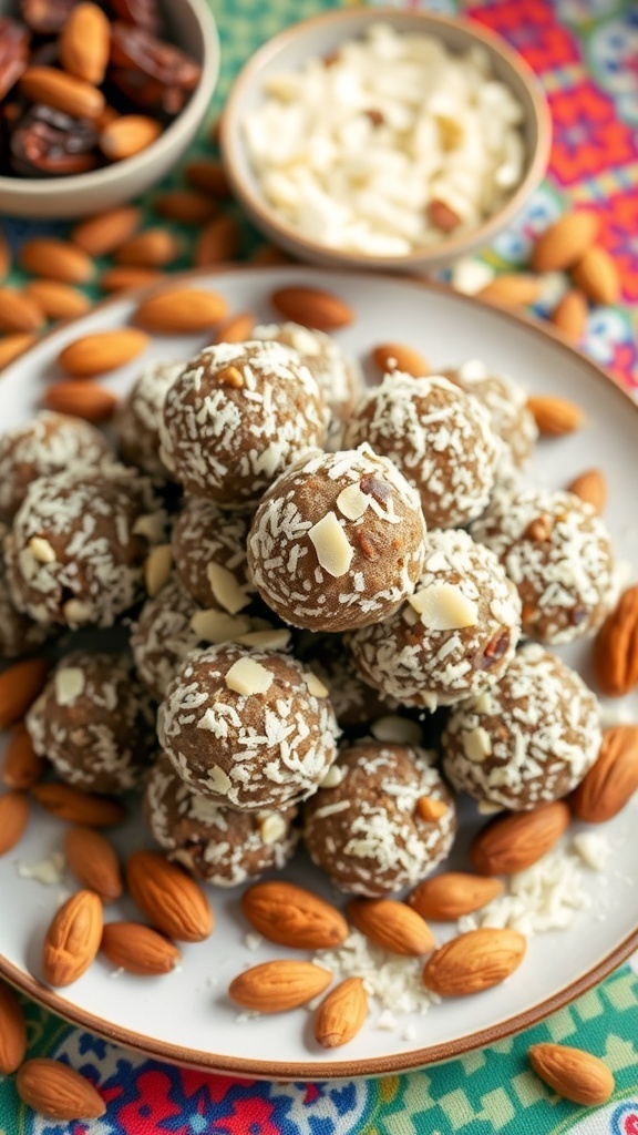 A plate of Almond Joy Energy Balls surrounded by almonds and shredded coconut.