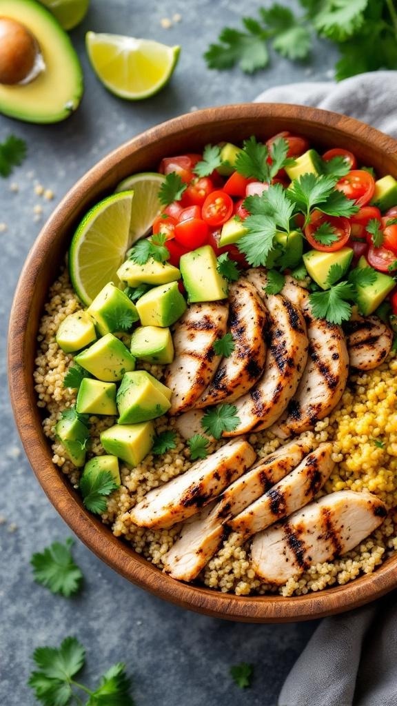 A colorful Chicken Quinoa Bowl with grilled chicken, quinoa, avocado, cherry tomatoes, and cilantro.