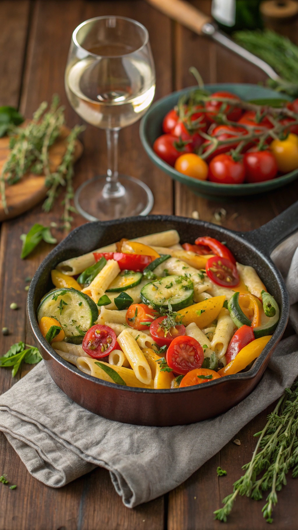 A skillet filled with colorful one-pot pasta primavera, featuring penne pasta, zucchini, bell peppers, and cherry tomatoes, with a glass of white wine in the background.