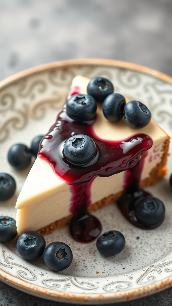 Slice of blueberry Greek yogurt cheesecake topped with blueberries and sauce on a decorative plate.