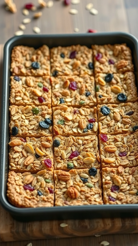 A tray of cut no-bake granola bars topped with nuts and dried fruits.