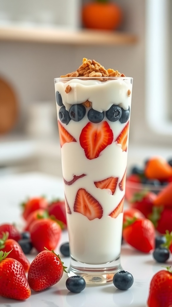 A yogurt parfait with strawberries and blueberries, garnished with granola, surrounded by fresh strawberries.