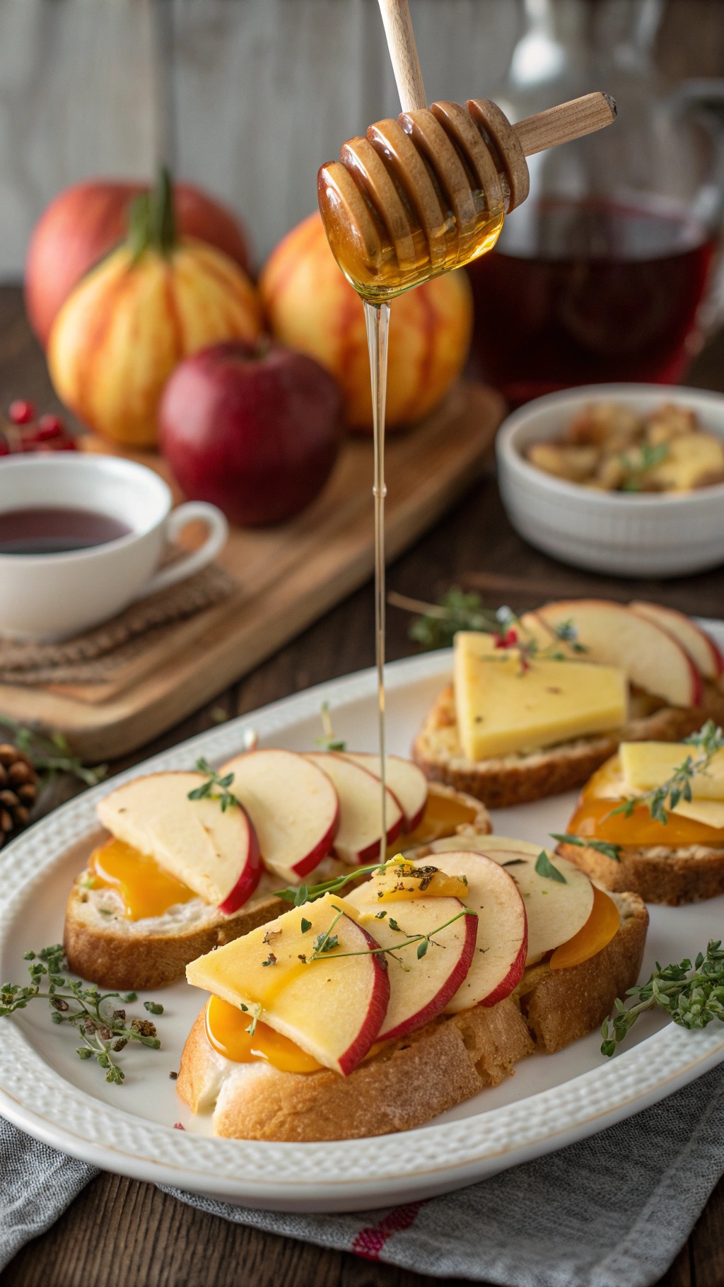 Savory apple and cheddar crostini drizzled with honey, garnished with fresh herbs, with apples and tea in the background.