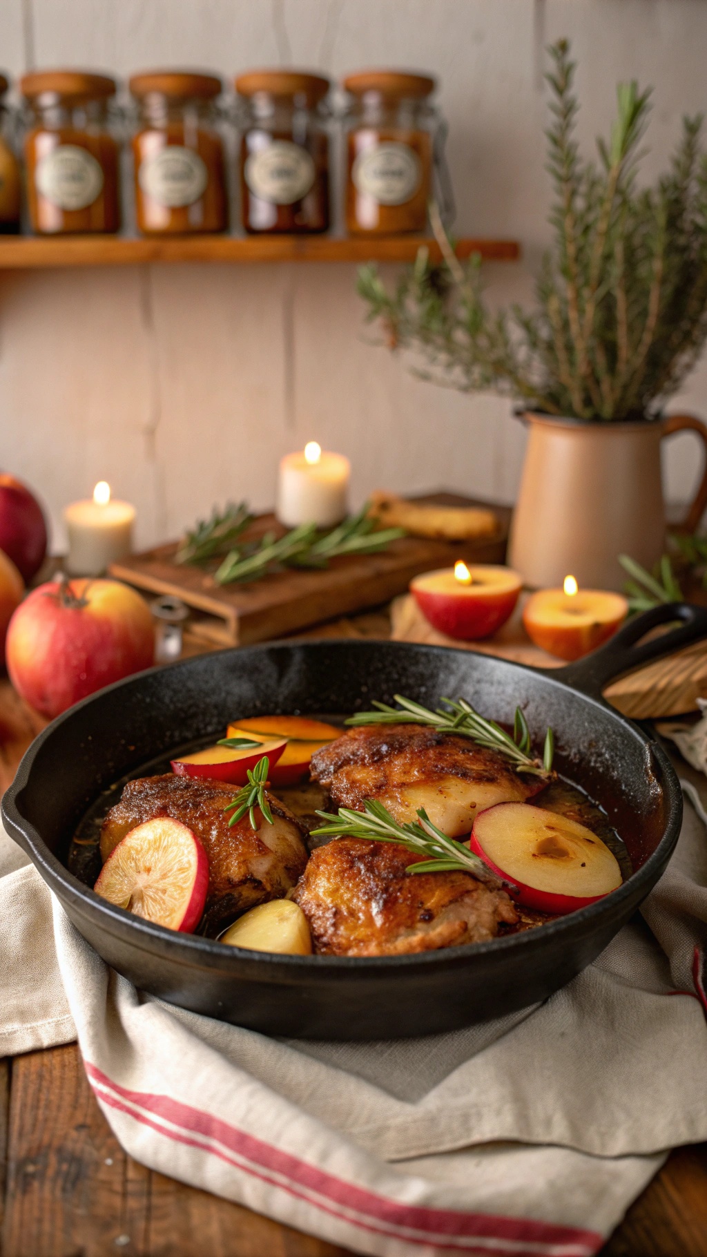 Savory apple cider chicken thighs with apples and herbs in a skillet