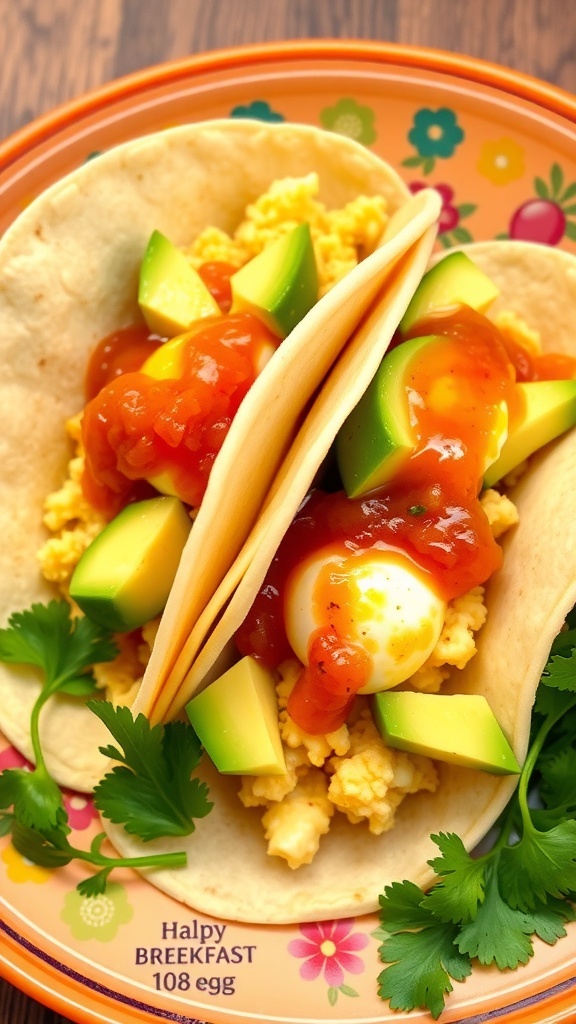 Two breakfast tacos filled with scrambled eggs, diced avocado, and salsa, garnished with cilantro.