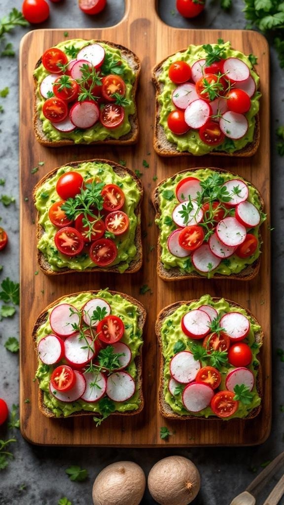 Colorful avocado toast topped with cherry tomatoes and radishes on a wooden board.