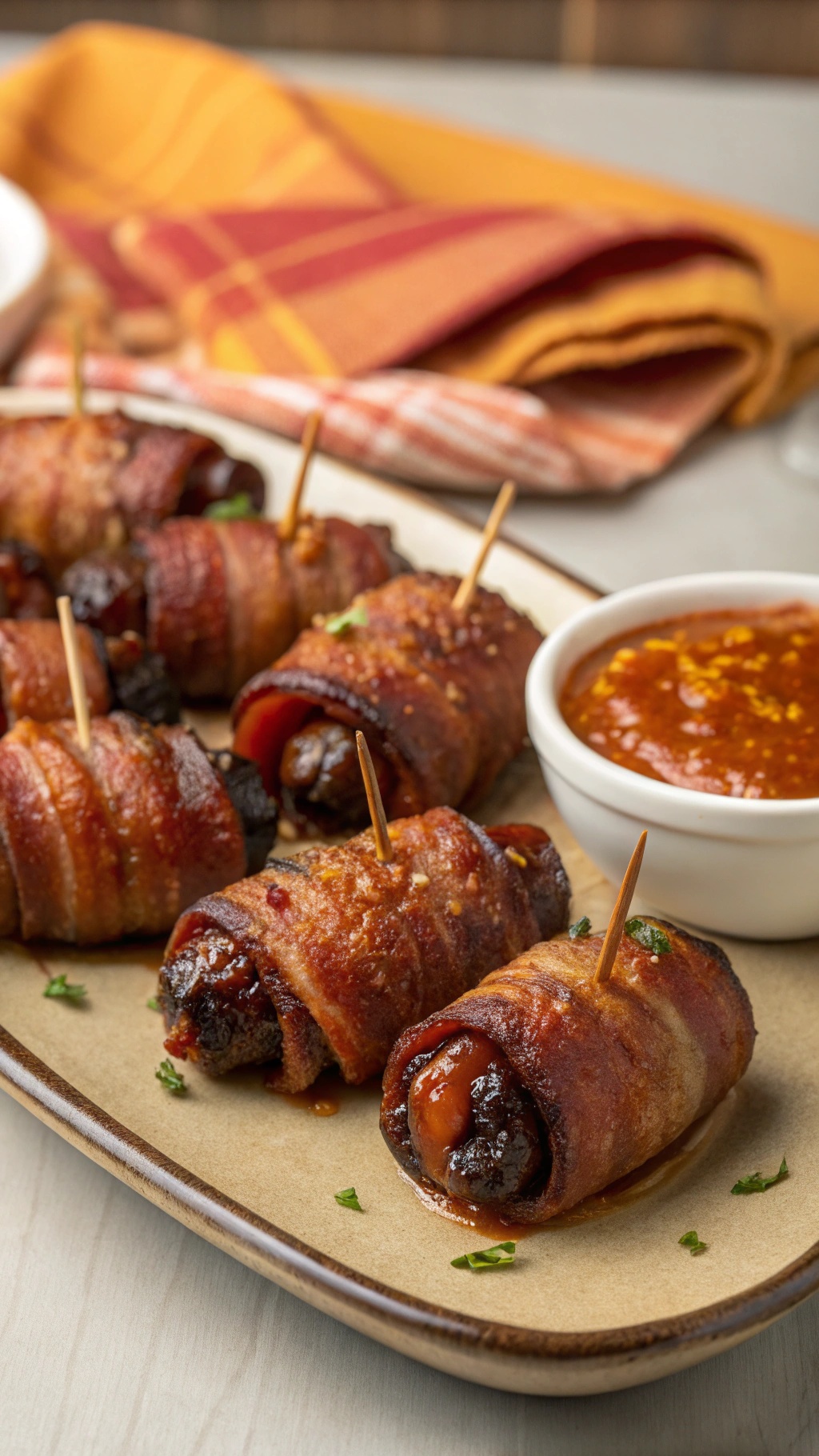 A plate of bacon-wrapped dates with a small bowl of dipping sauce