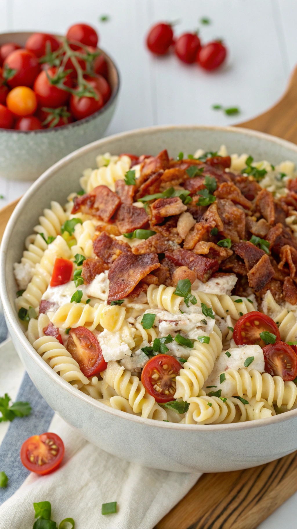 A bowl of Bacon Ranch Pasta Salad with bacon, tomatoes, and green onions.