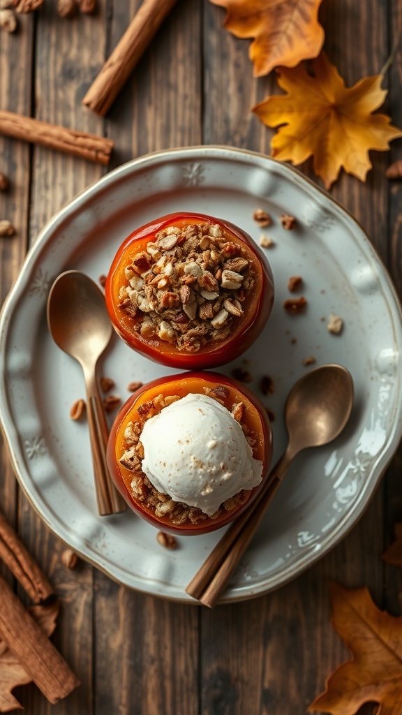 Savory baked apples with oats and ice cream on a plate, surrounded by cinnamon sticks and autumn leaves.