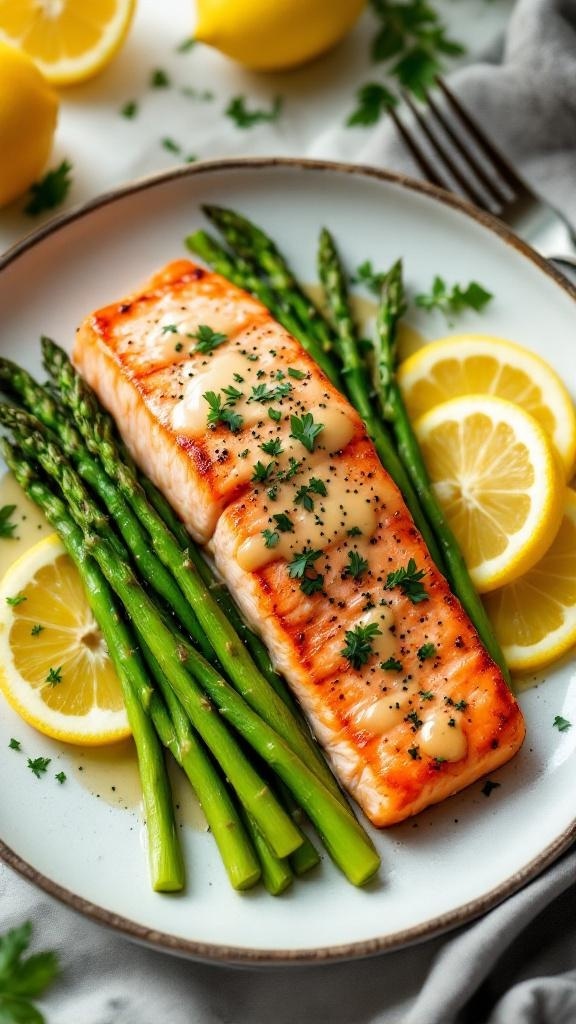 Baked salmon fillet with asparagus and lemon slices on a plate