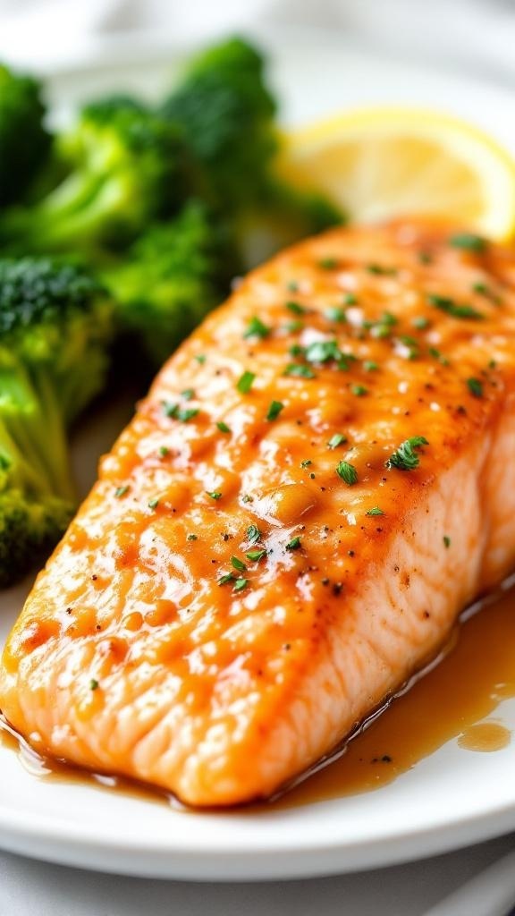 Baked salmon fillet with garlic and Dijon mustard glaze served with broccoli.