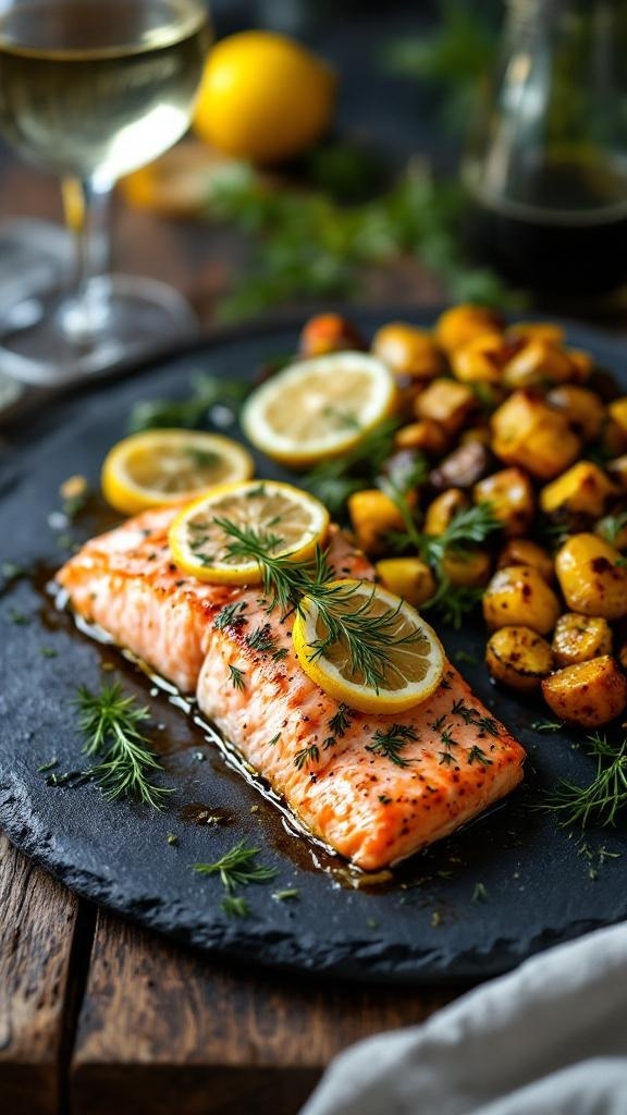 Baked salmon with garlic and dill, served with roasted potatoes and lemon slices.