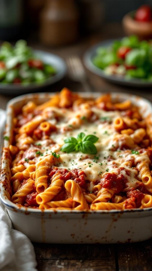 A delicious baked ziti dish topped with melted cheese and fresh basil, served in a white casserole dish.