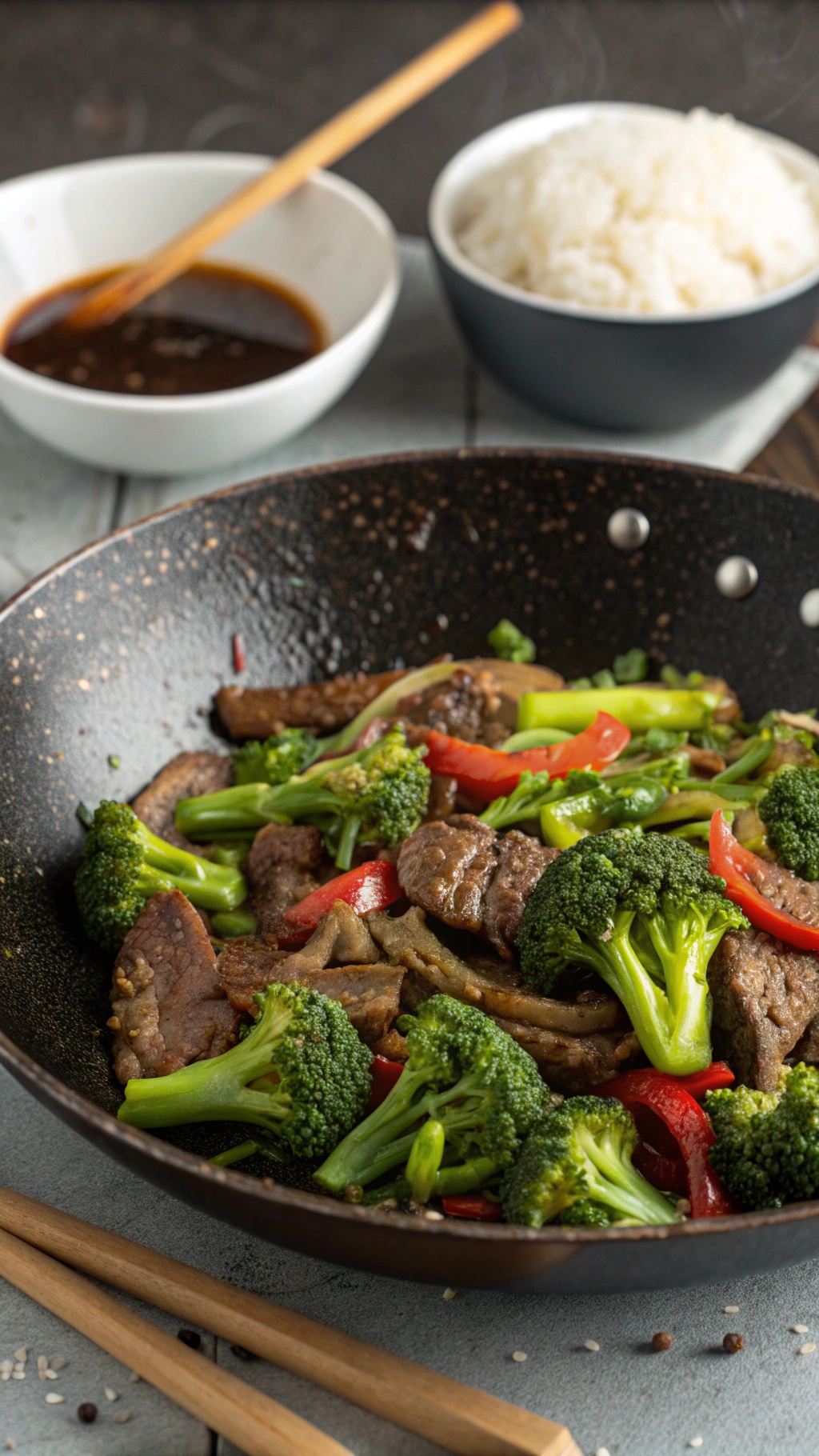 A delicious beef and broccoli stir-fry in a black wok, with colorful vegetables and a bowl of rice on the side.