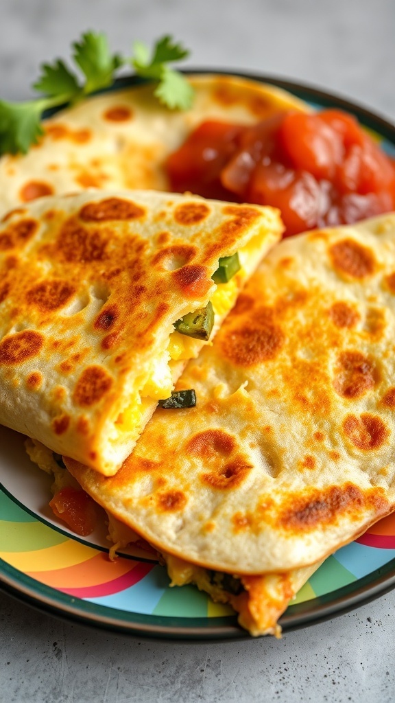 Delicious savory breakfast quesadillas with cheese and vegetables