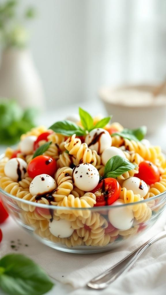 A bowl of Caprese Pasta Salad with rotini pasta, cherry tomatoes, mozzarella balls, and fresh basil.