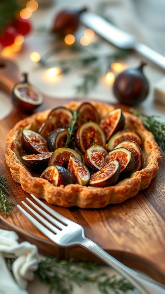 Savory caramelized fig and goat cheese tart on a wooden board, garnished with rosemary.