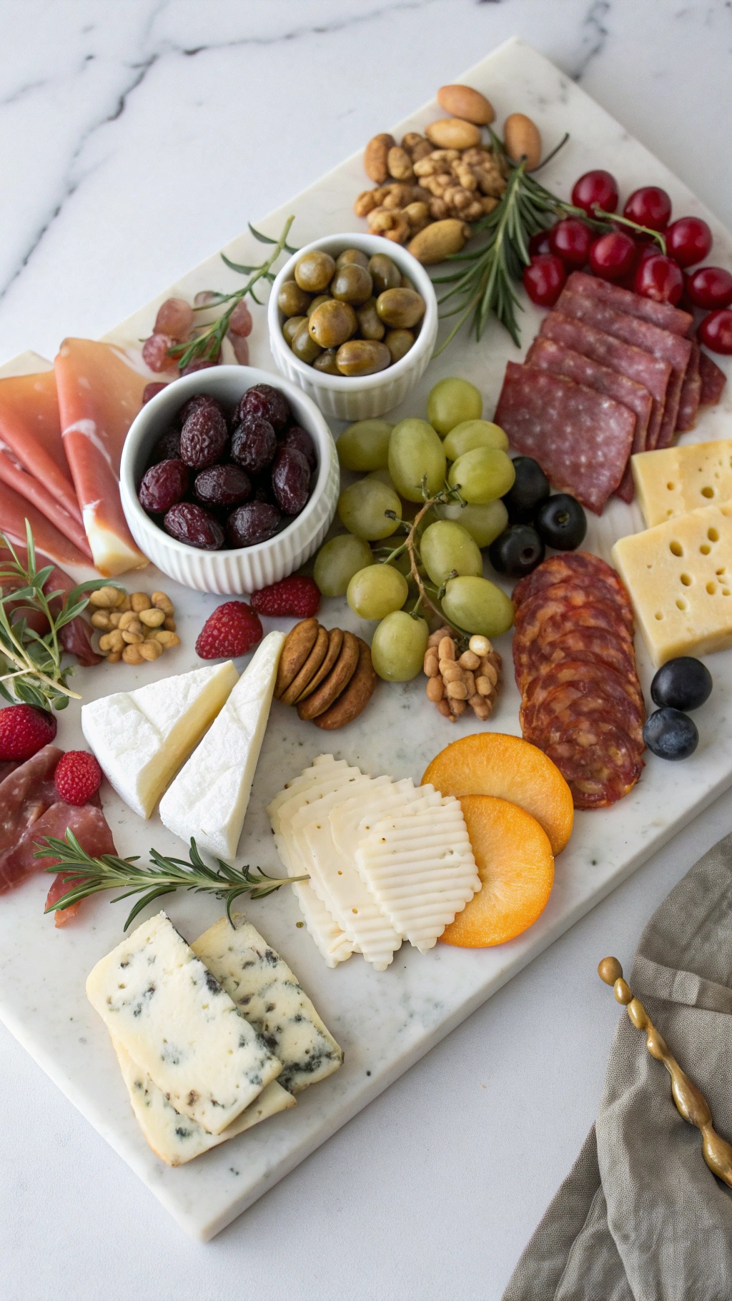 A beautifully arranged cheese and charcuterie board featuring various cheeses, cured meats, fresh fruits, and nuts.