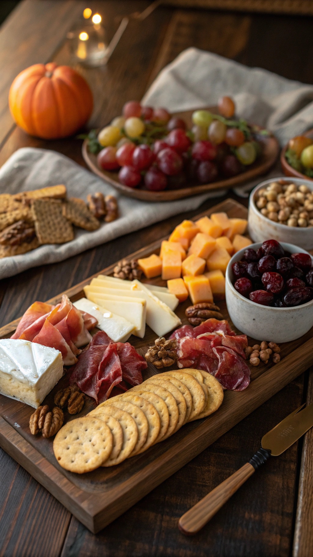 A beautifully arranged cheese and charcuterie board with various cheeses, cured meats, nuts, and fruits, perfect for Thanksgiving appetizers.