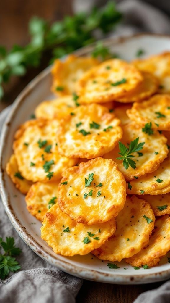 A plate of golden, crispy cheese crisps garnished with parsley.