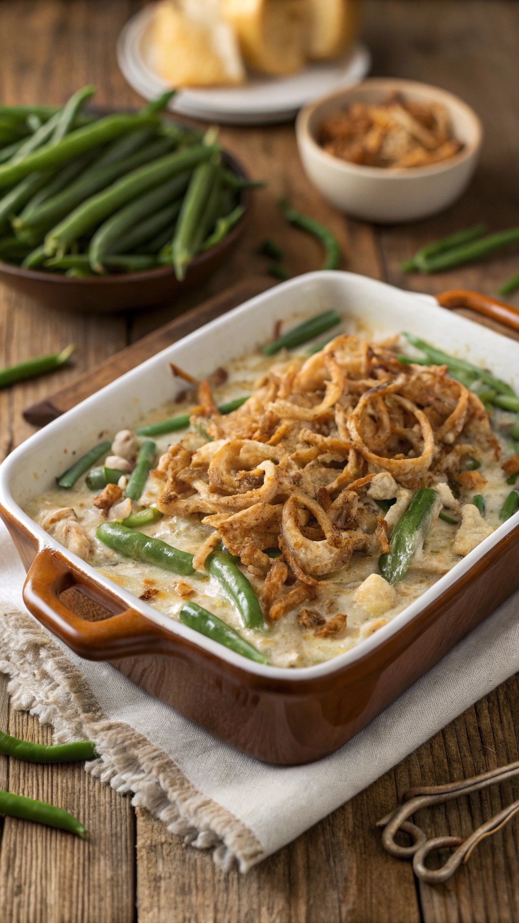 A delicious chicken and green bean casserole topped with crispy fried onions, surrounded by fresh green beans on a wooden table.