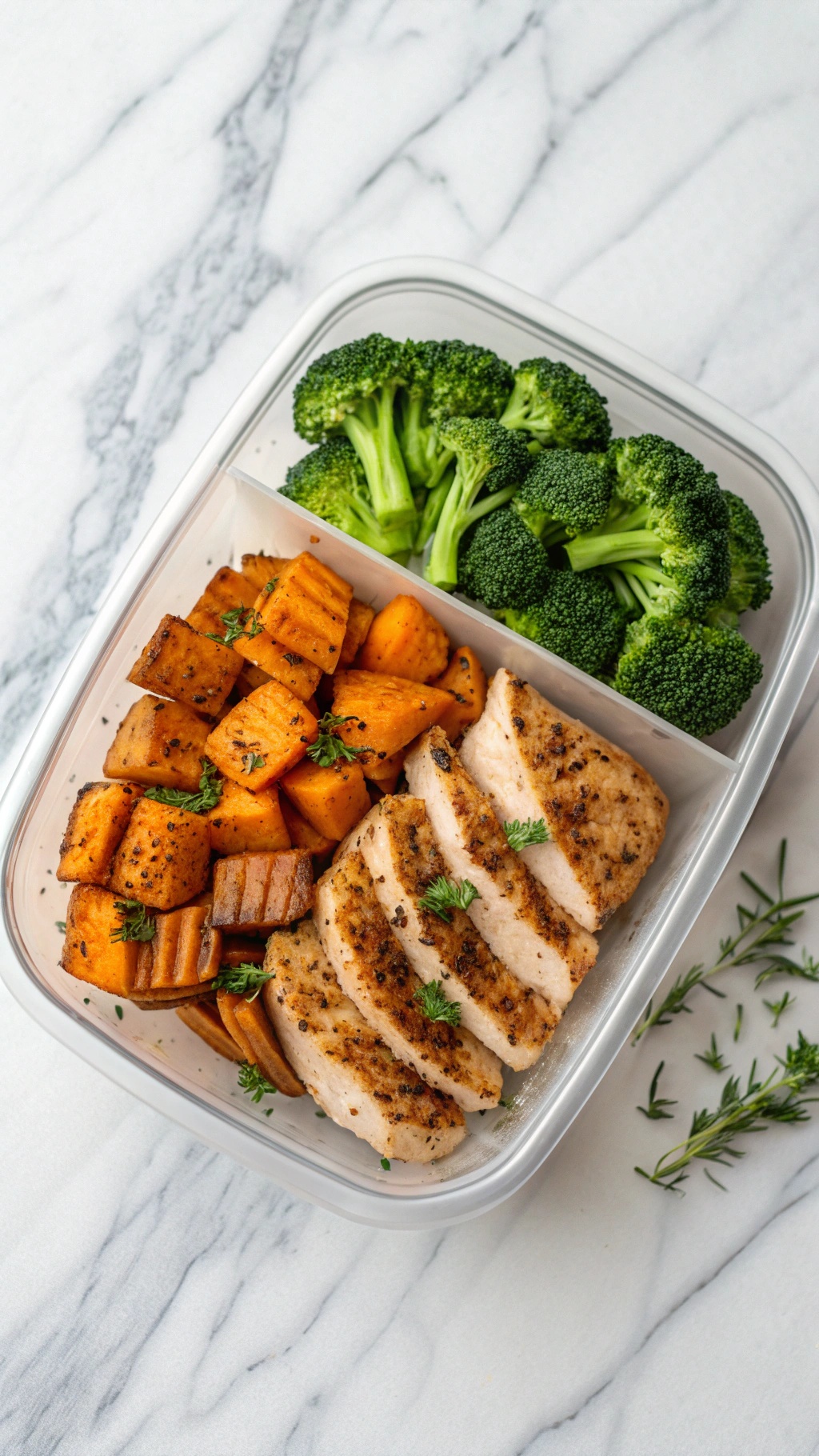 Meal prep container with chicken, sweet potatoes, and broccoli