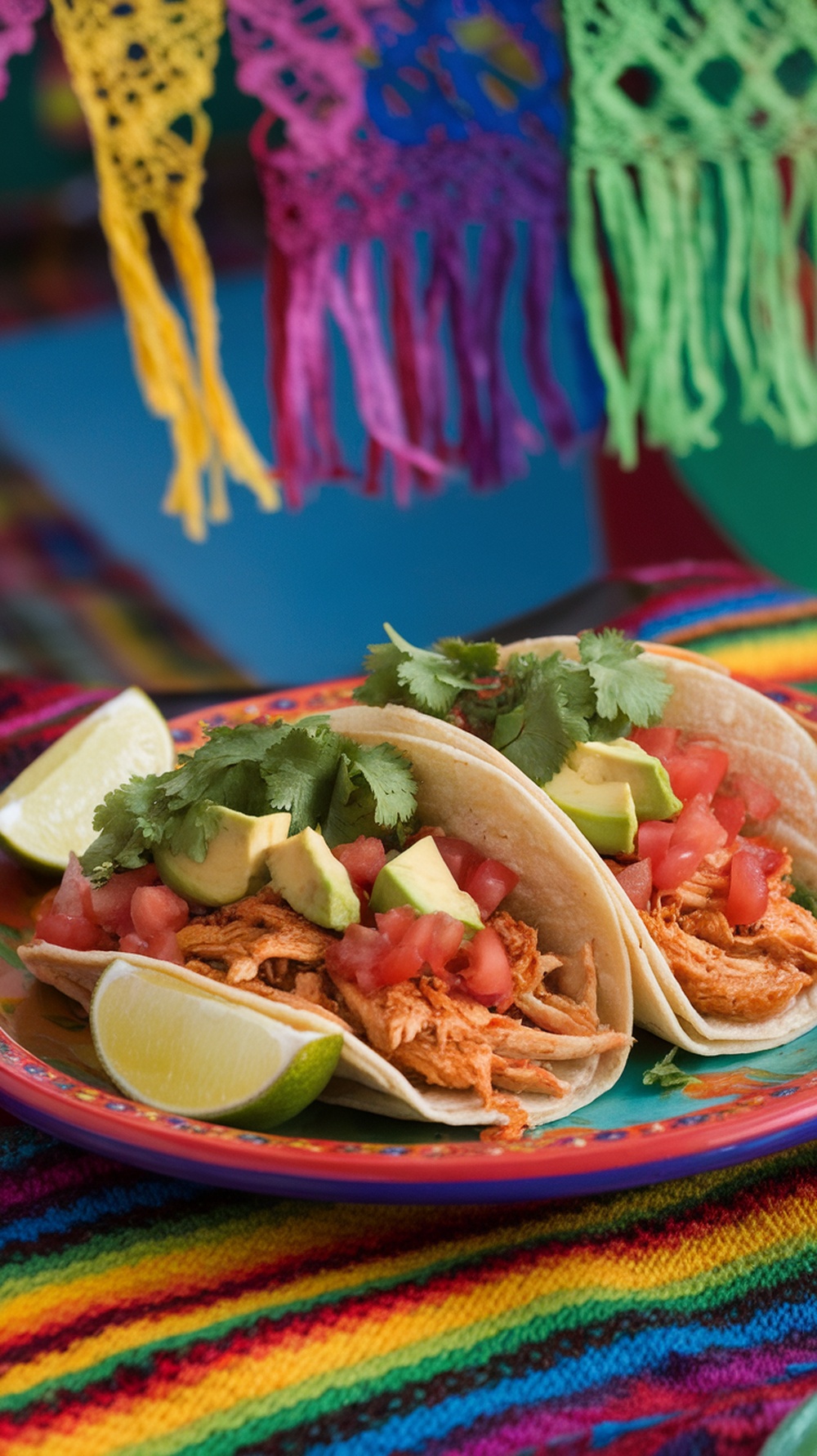 Delicious chicken tacos with fresh toppings on a colorful plate
