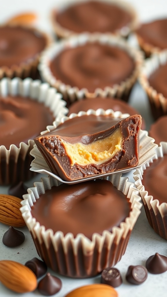 Savory Chocolate Almond Butter Cups arranged with one cut in half to show the almond butter filling.