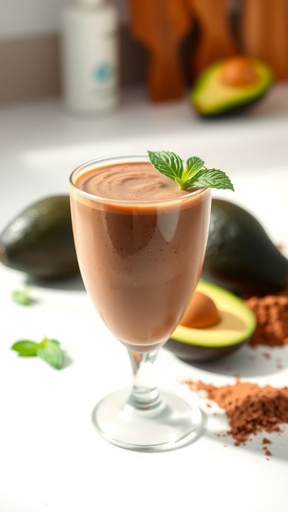 A glass of chocolate avocado smoothie garnished with mint, with avocados and cocoa powder in the background.