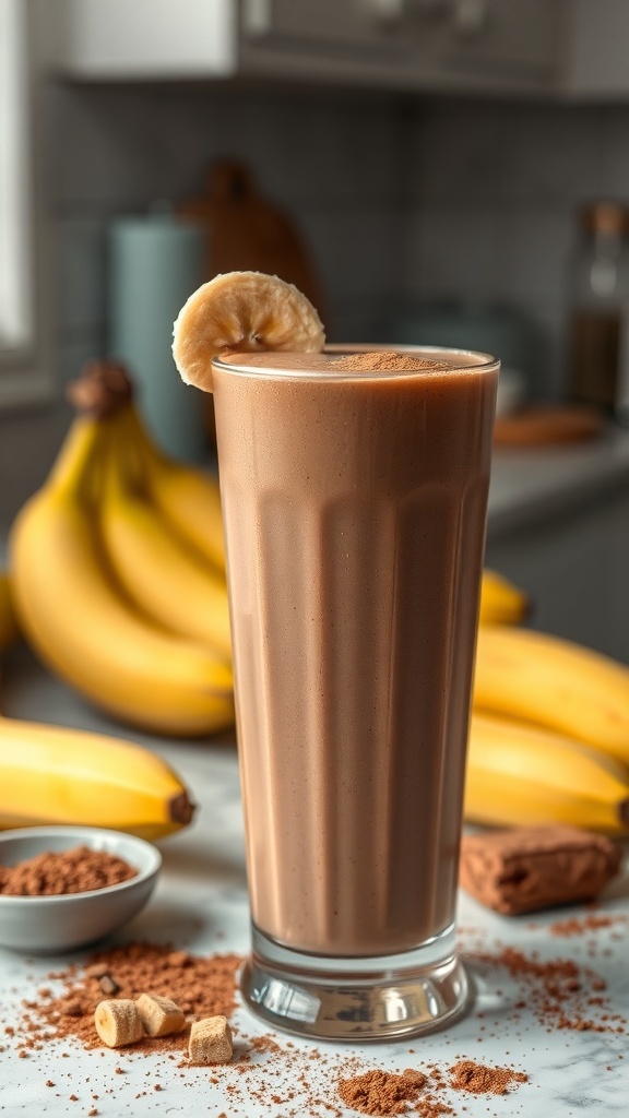 A tall glass of chocolate banana smoothie with a slice of banana on top, surrounded by ripe bananas and cocoa powder.