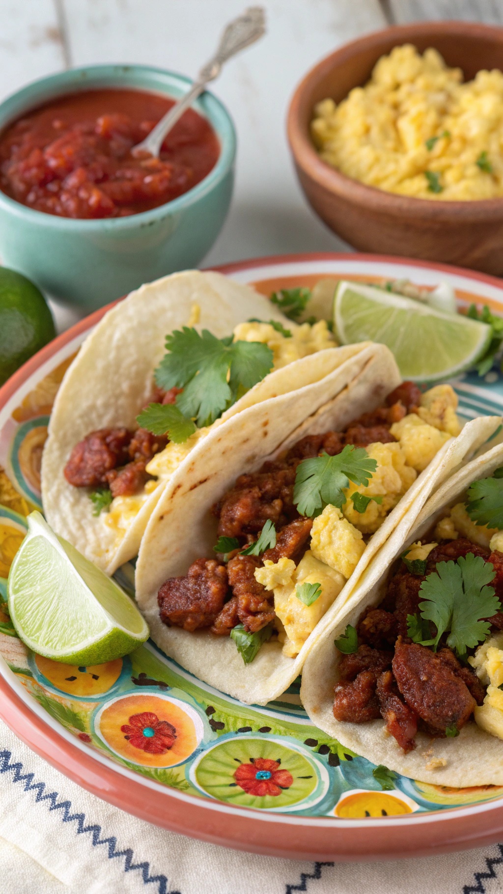 Chorizo and egg breakfast tacos served with lime and cilantro.