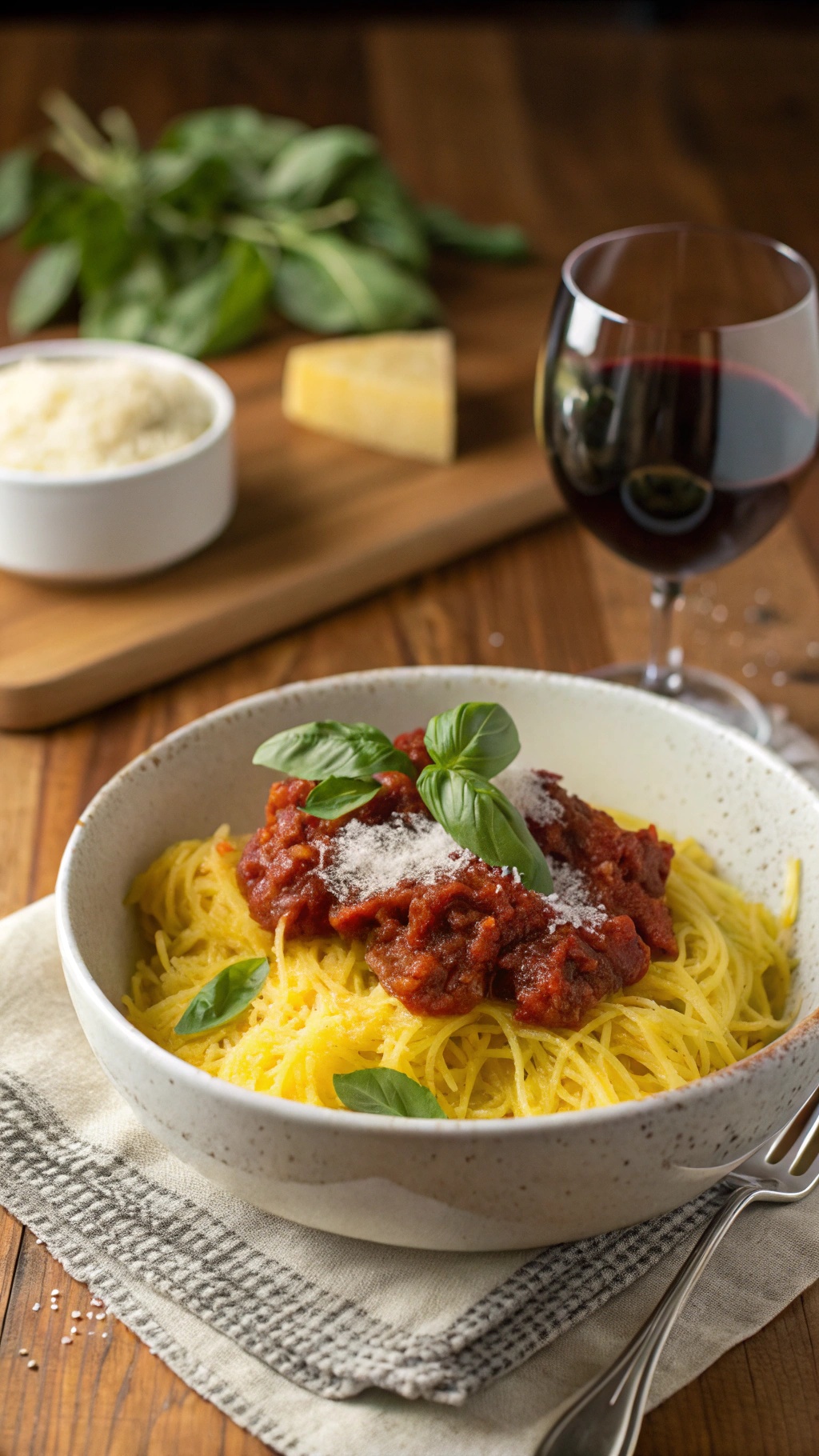A bowl of spaghetti squash topped with marinara sauce and fresh basil, served with grated cheese and a glass of red wine.