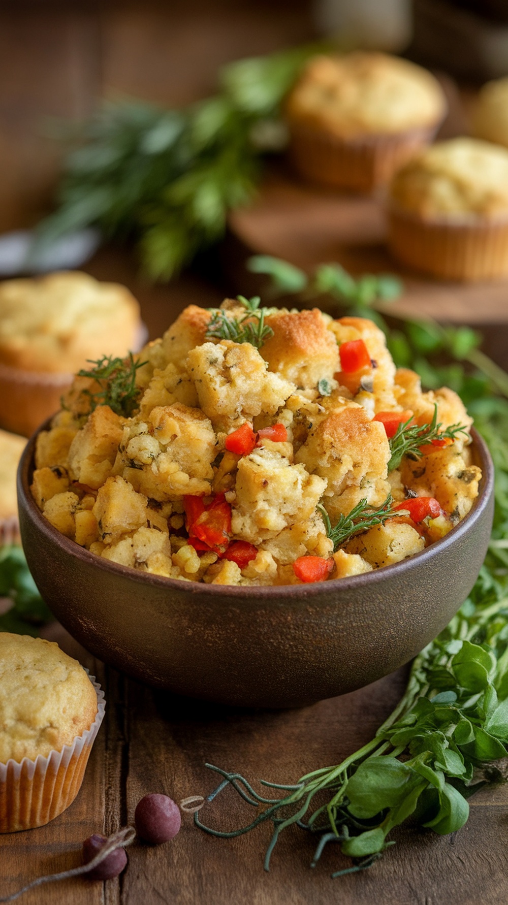 A bowl of savory cornbread stuffing with herbs and red bell pepper, surrounded by fresh herbs and cornbread muffins.