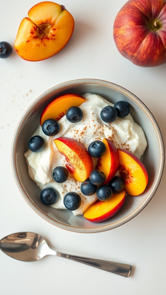 A bowl of cottage cheese topped with fresh peach slices and blueberries.