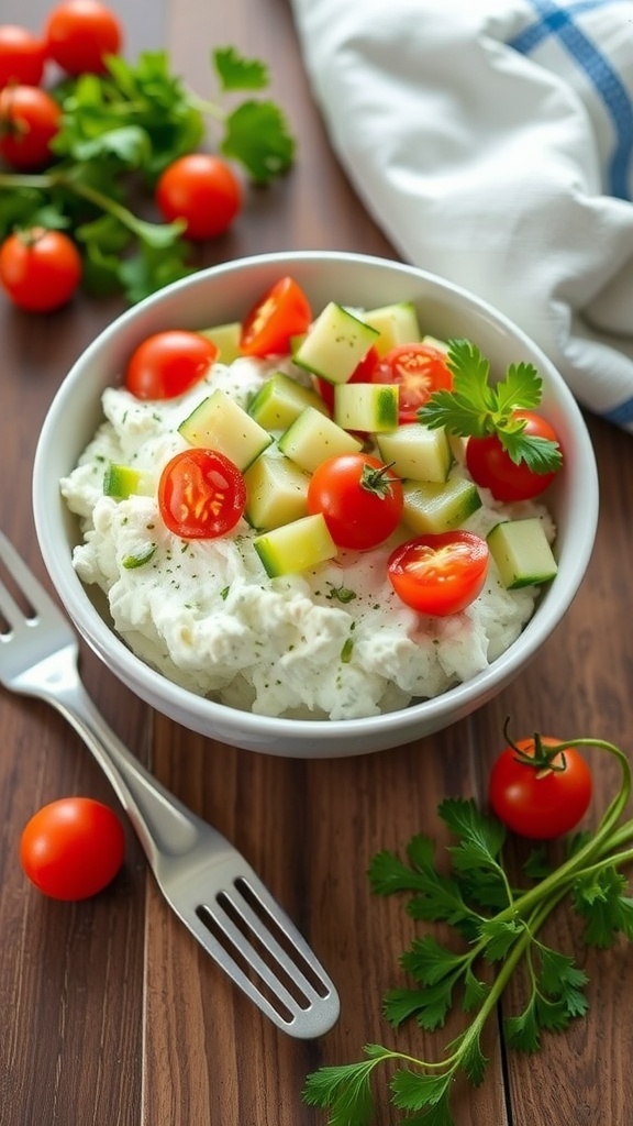 A bowl of cottage cheese topped with cherry tomatoes and cucumber, garnished with parsley.