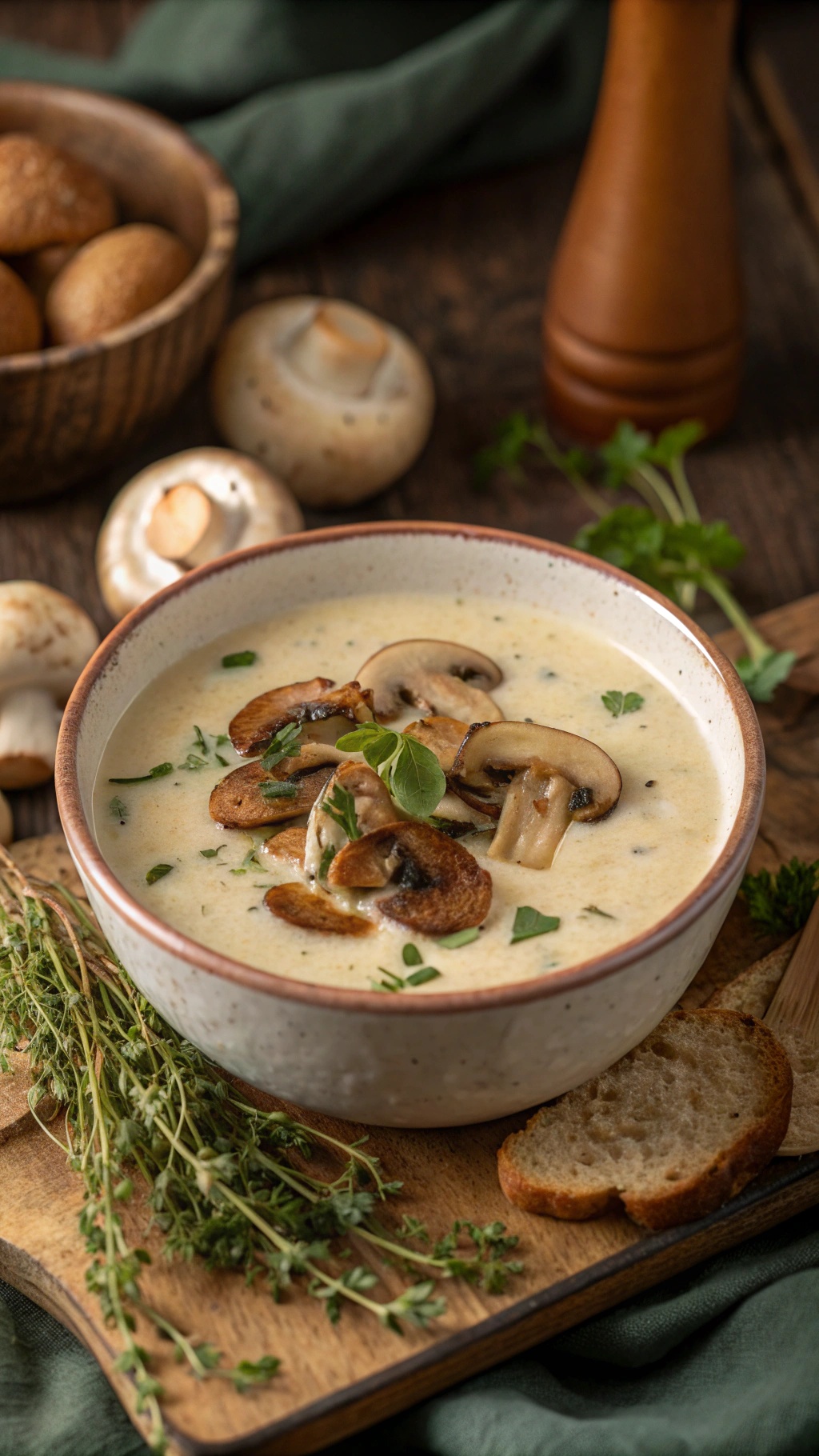 A bowl of creamy mushroom soup garnished with herbs and served with bread.