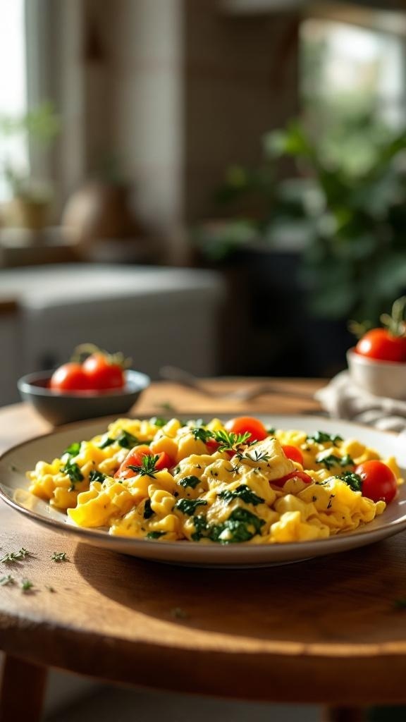 A plate of pasta with spinach and cherry tomatoes, garnished with herbs.
